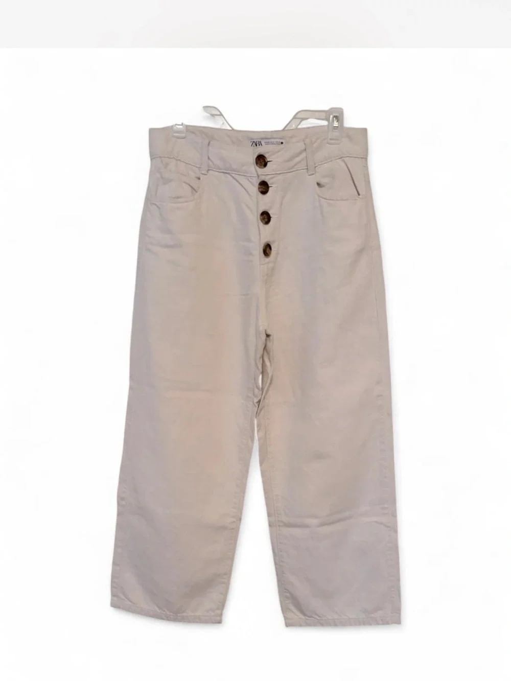 ZARA High-Rise Wide Leg Button-Fly Pants in Light Beige